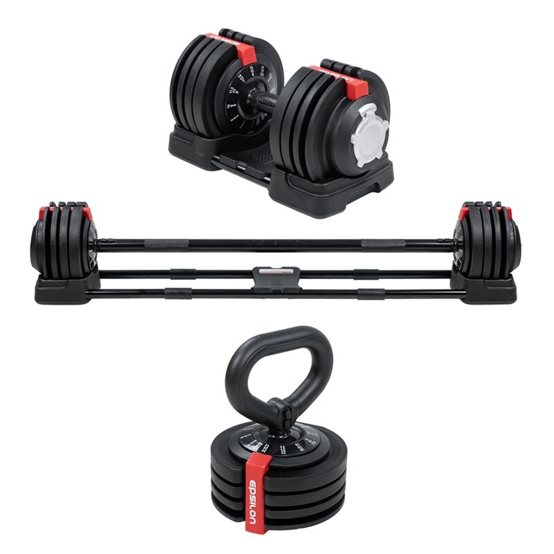 Säädettävä käsipaino, levytanko ja kahvakuula 2,5–24 kg