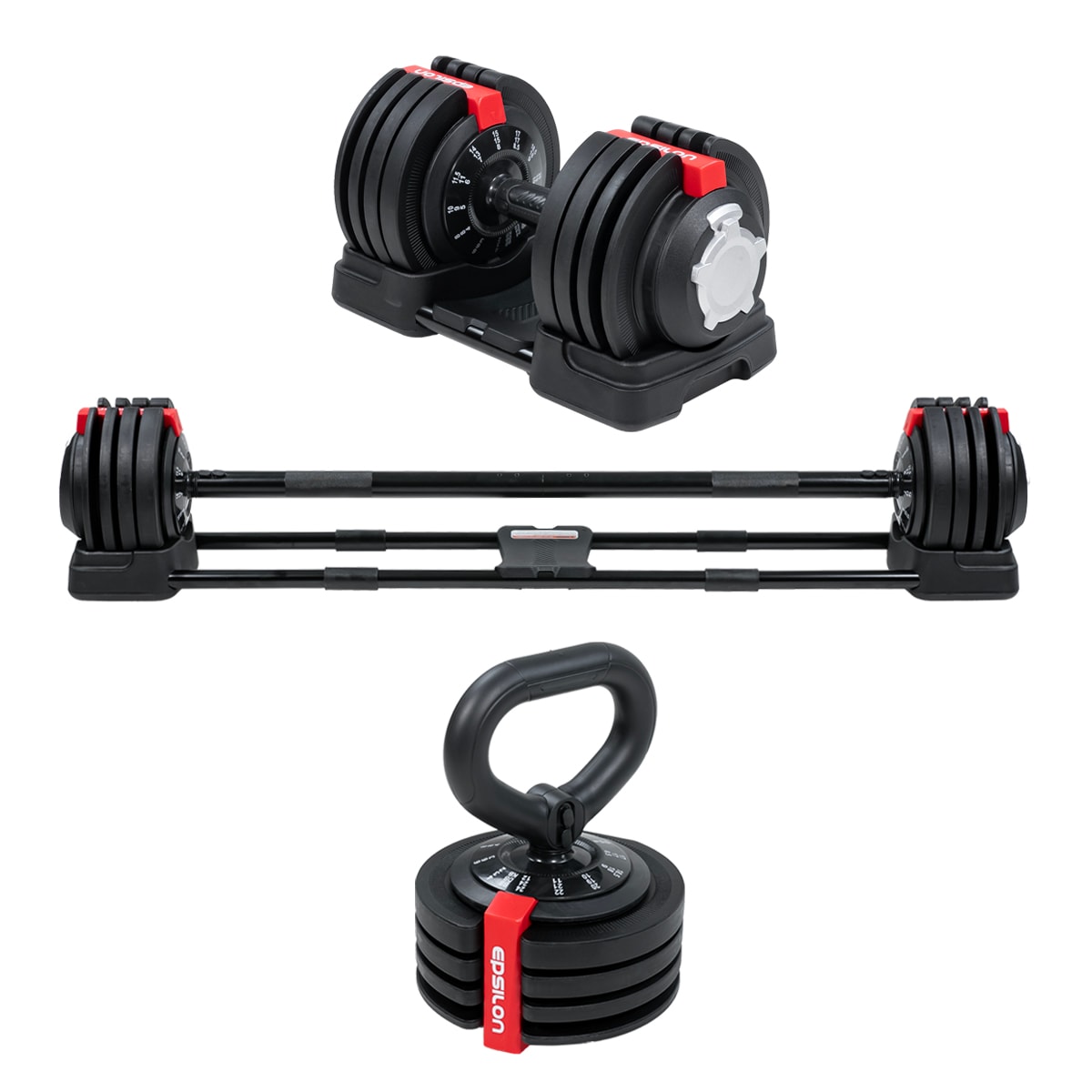 Justerbar hantel, skivstång och kettlebell 2,5 - 24 kg 